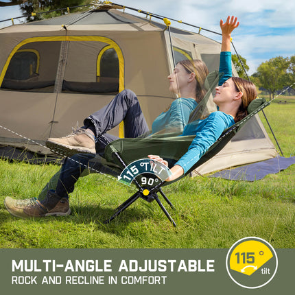 Green rocker camping chair with adjustable headrest and 115° tilt beside a tent