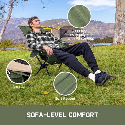 Green rocker camping chair with padded armrest and soft polyester seat, reclined outdoors