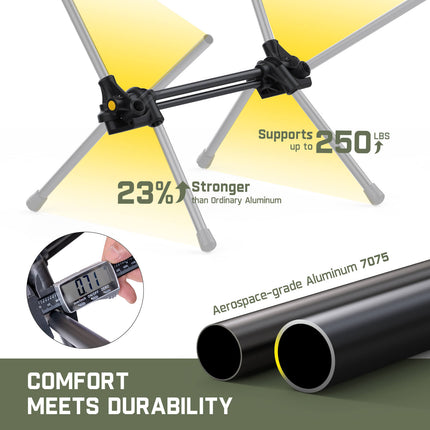 7075 aerospace aluminum rocker camping chair frame, supports up to 250 lbs, 23% stronger