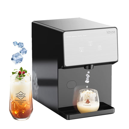 Countertop nugget ice maker with a front dispensing outlet and drip tray; glass and drink are styling props