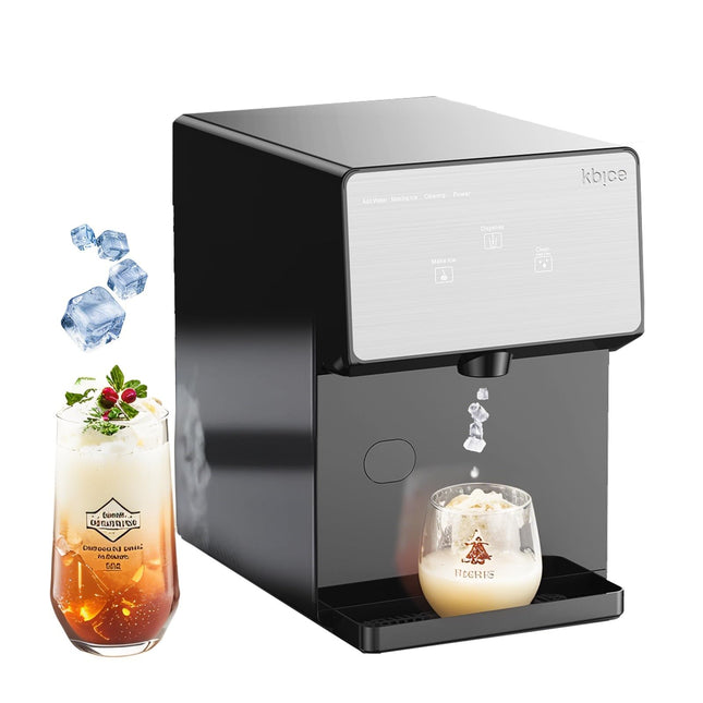 Countertop nugget ice maker with a front dispensing outlet and drip tray; glass and drink are styling props