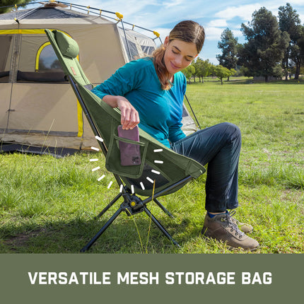 Green rocker camping chair with mesh storage bag and headrest beside a tent