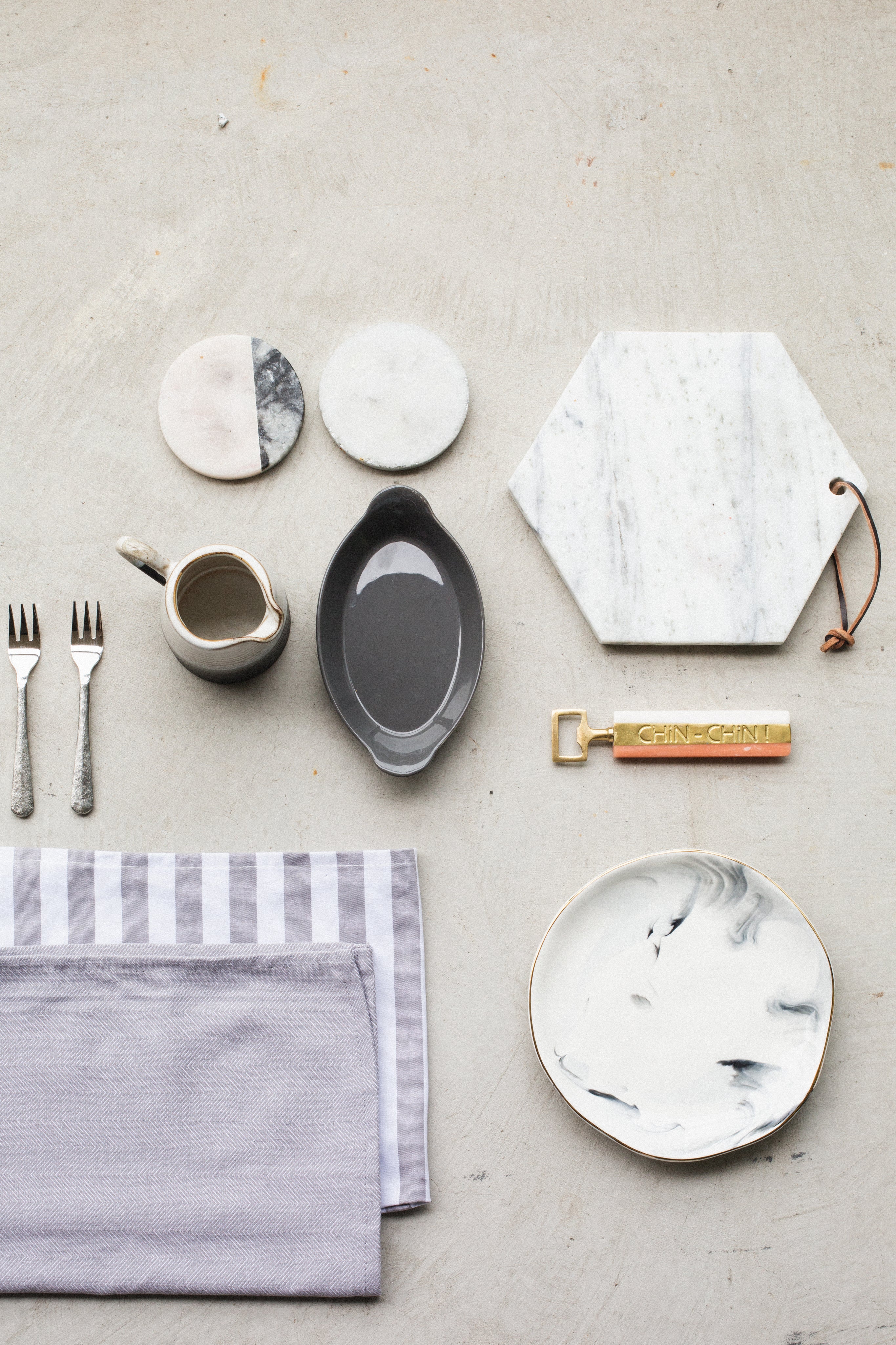 Home and kitchen accessories on a tabletop